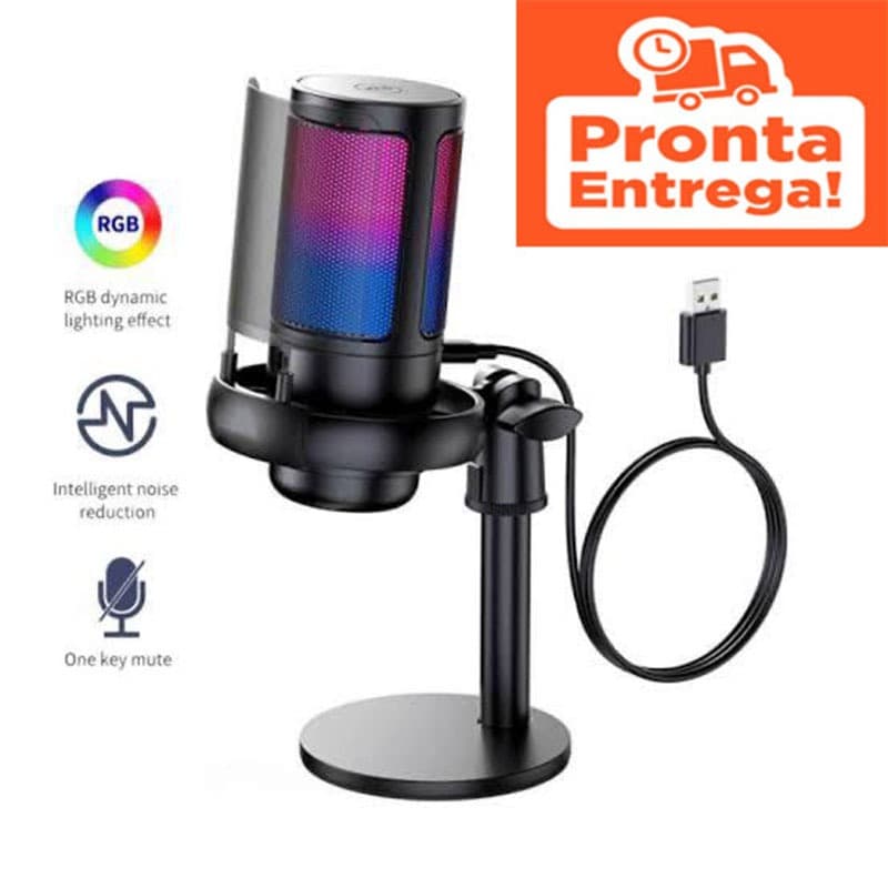 Microfone Condensador Gamer USB com LED RGB, Mute Rápido e Filtro de Ruído Profissional
