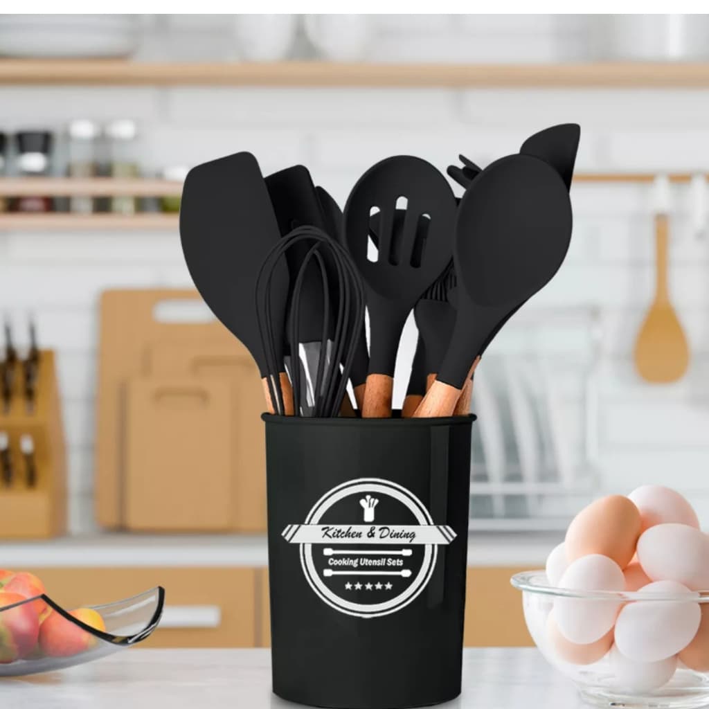 Jogo de Cozinha Kit com 12 Peças de Silicone, Utensílios e Copo Suporte para Cozinha Cabo de Madeira
