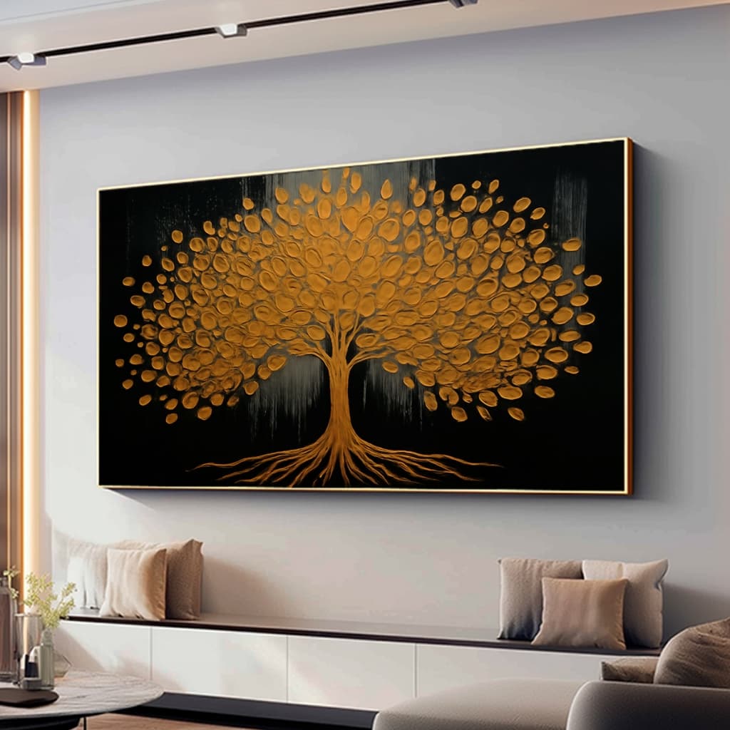 Quadro Decorativo 80x120 cm Grande Para Sala Árvore da Vida Dourada