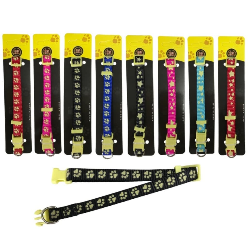 Coleira Neon P/M/G/GG Brilha no Escuro Estampa Estrela ou Patinha Segurança Noturna Pet LR-0204