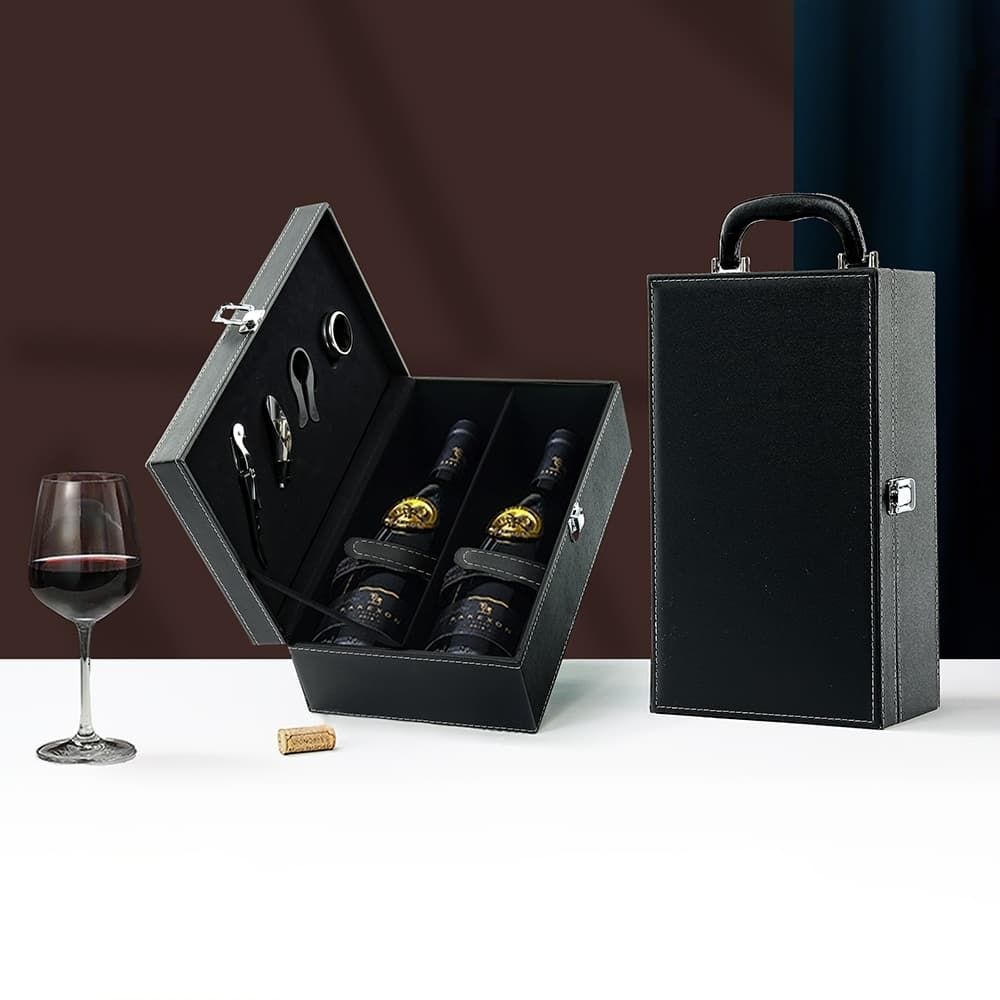 Kit Vinho 4 Peças com Maleta para 2 Garrafas – Couro Sintético e Interior em Veludo