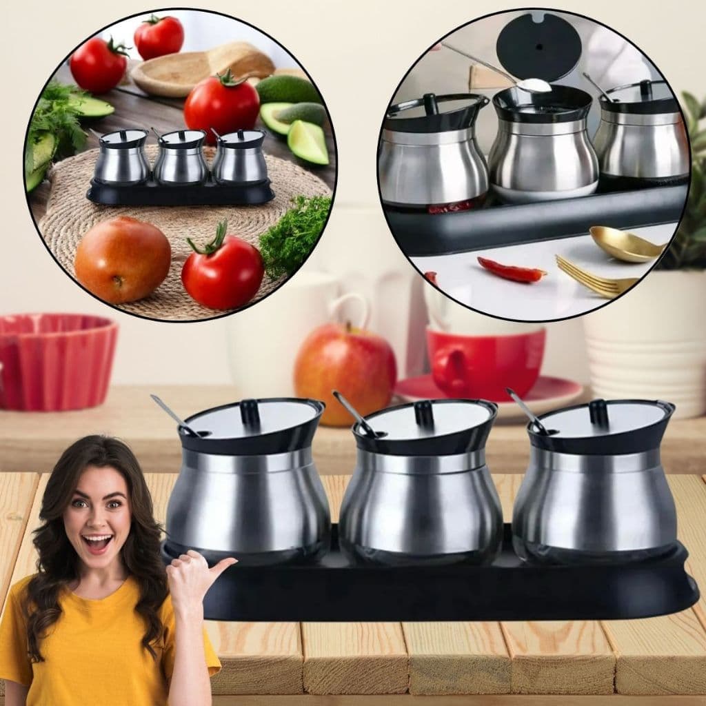 Kit Conjunto 3 Unidades Porta Condimentos de Vidro Com Colher 250ml em Inox Com Suporte de Plástico