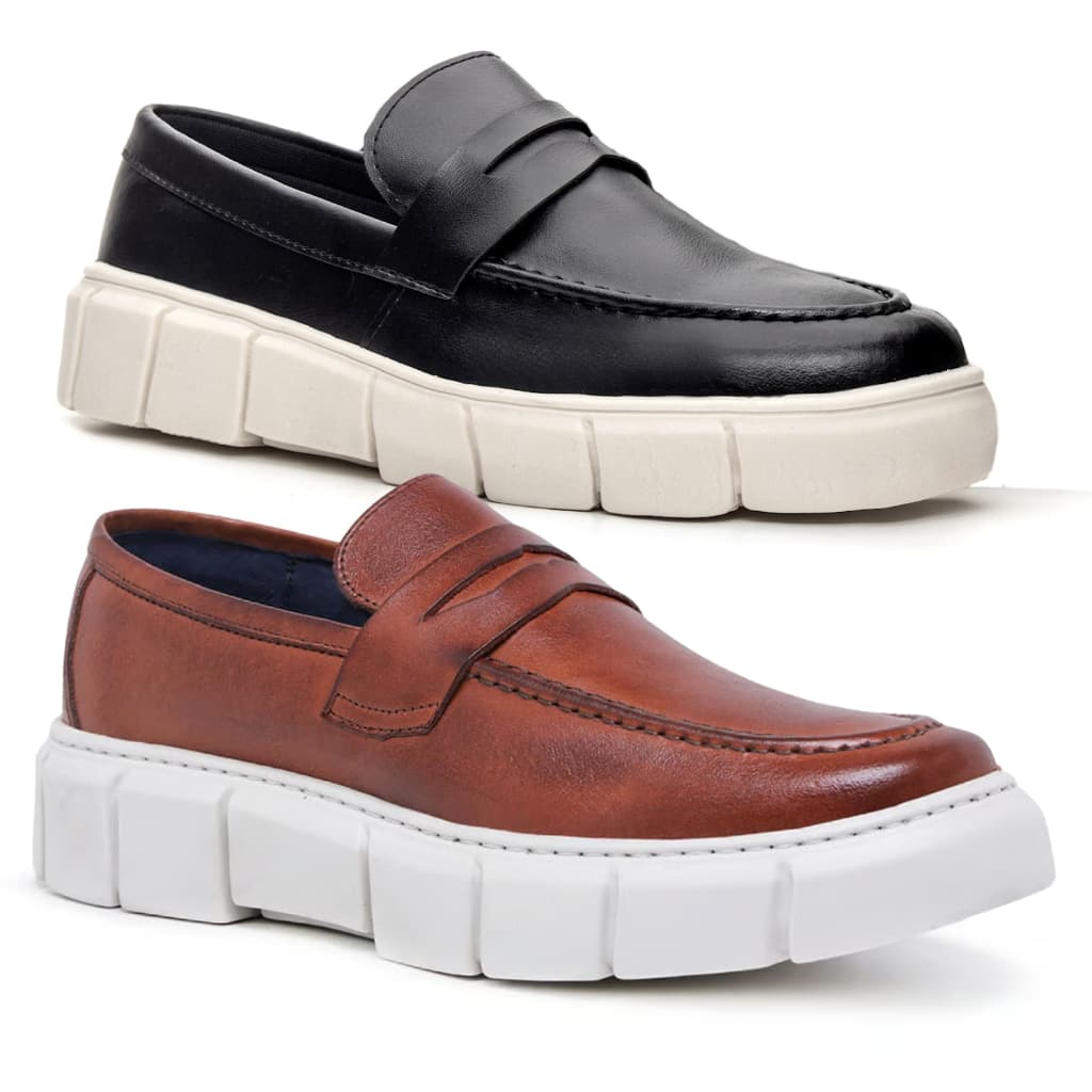 Kit 2 Mocassim Splip On Masculino Solado Alto Plataforma Sport Fino Clássico Avelã Preto