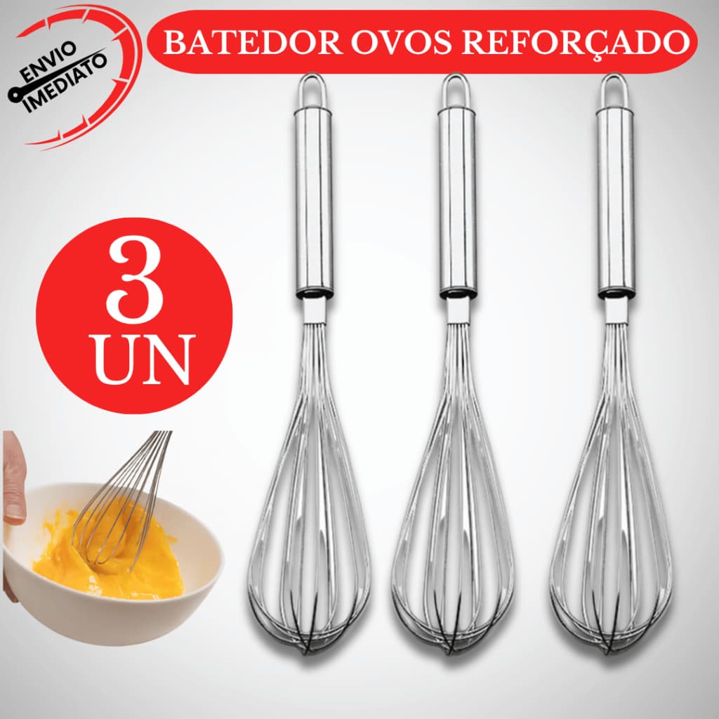 Kit 3 Batedor Ovos Fue Fuet Aço Inox Batedor Claras Reforçado Restaurante Cozinha Padaria