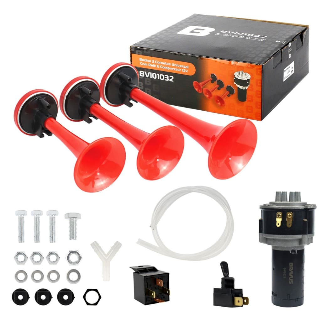 Buzina Verdureiro Compressor 12V 4 Saídas Para Carro Caminhão Eletropneumática Universal Com Relé