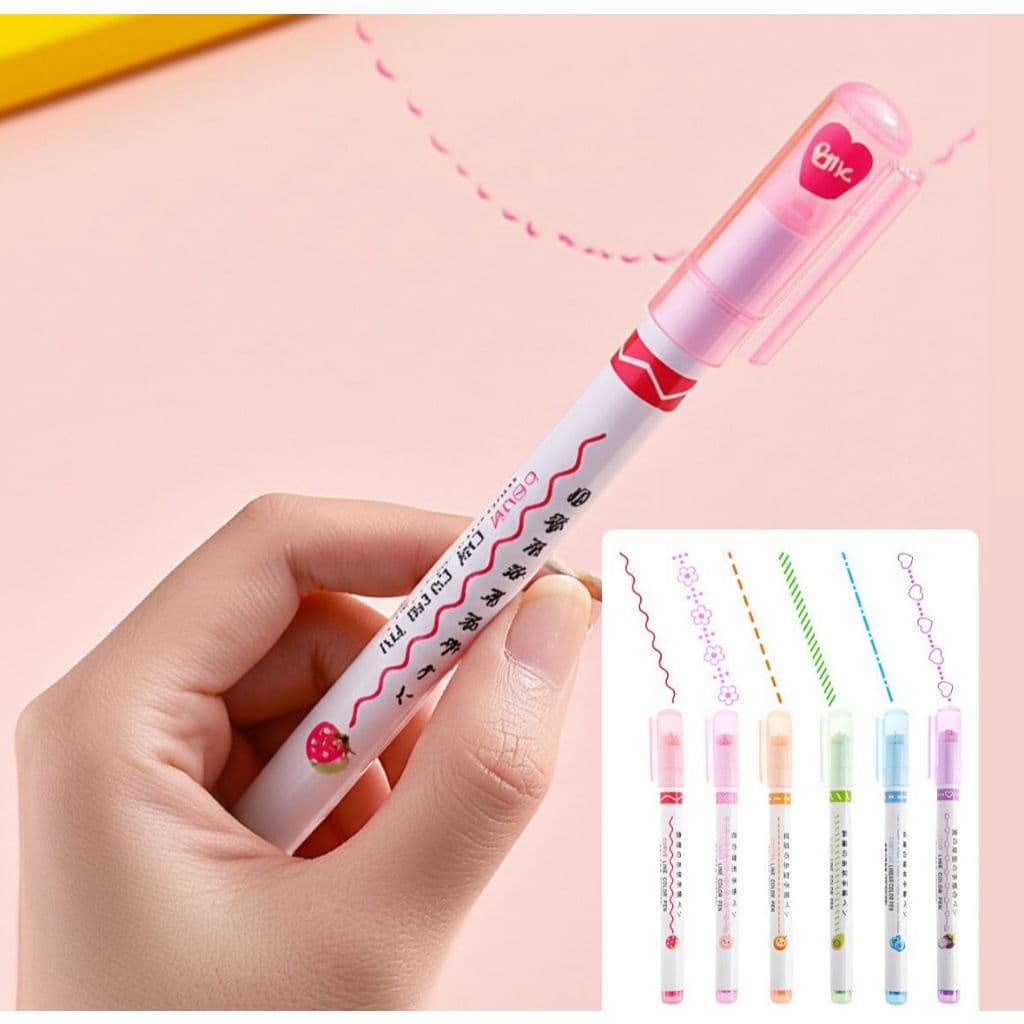 Kit 6 Unidades Canetas Carimbos Roller Stamp Com Desenhos Formas Curvas Papelaria Fofa