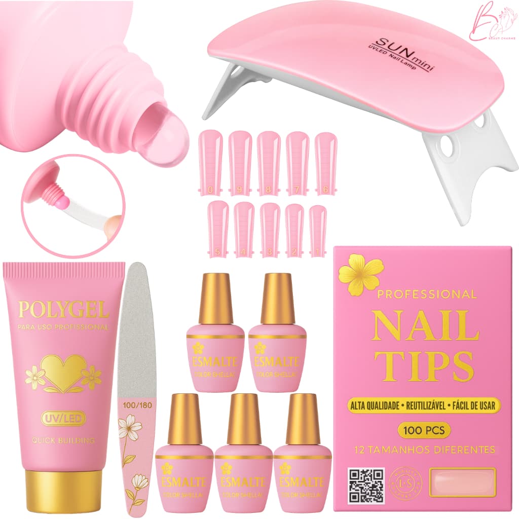Kit Alongamento Poligel Polygel + Molde F1 + Lixa + Mini Cabine De Unha + 5 Esmaltes Aleatórios
