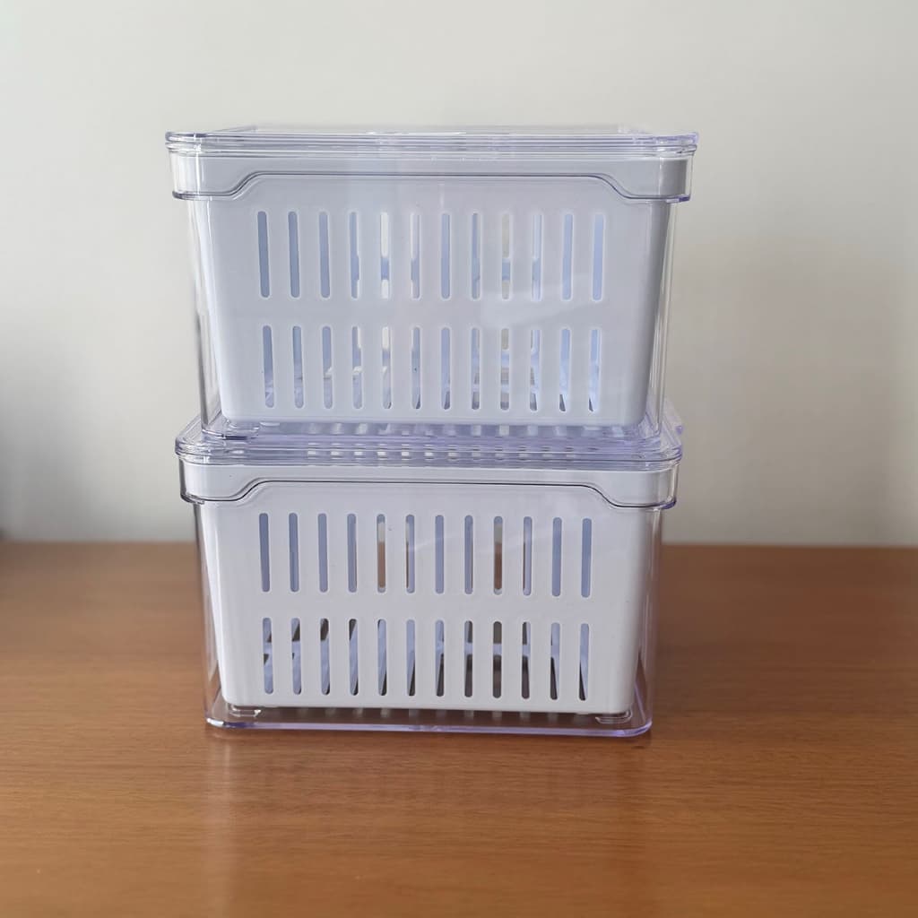 Kit organizador de geladeira 3,5 litros com cesto e tampa, válvula de vedação