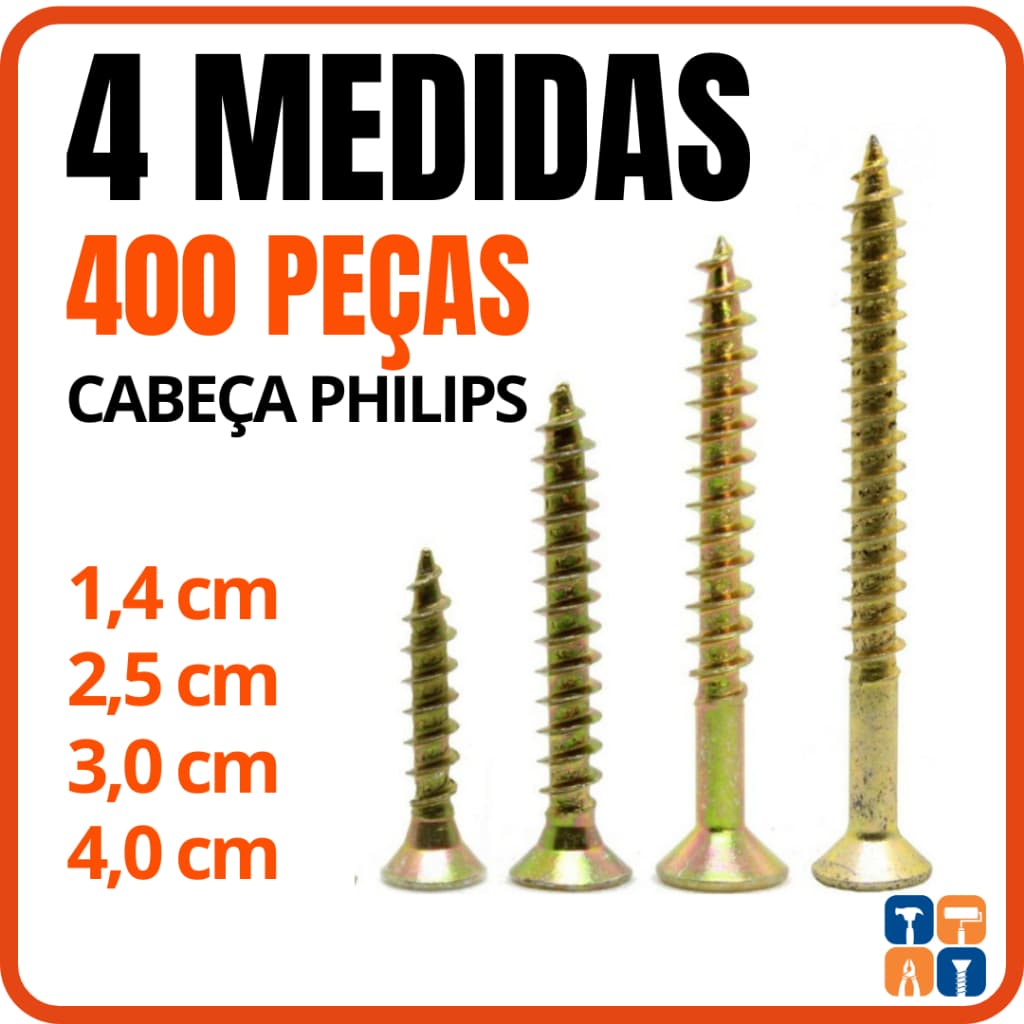 Kit Parafuso para MDF e Madeira Chipboard 400 Parafusos para Móveis 14 - 25 - 30 - 40mm Philips