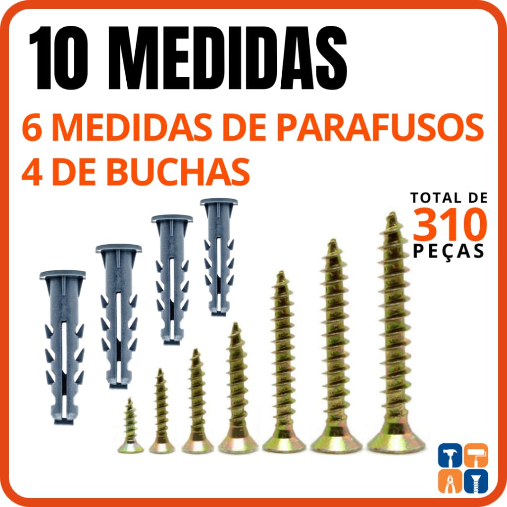 Parafuso e Bucha 5 - 6 - 8 - 10 com Anel 310 Peças Kit Buchas com Parafusos Phillips Bucha com Anel