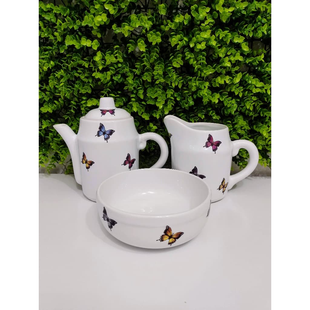 Conjunto 3 Peças de Porcelana de Café Borboletas Branco Cerâmica Classic