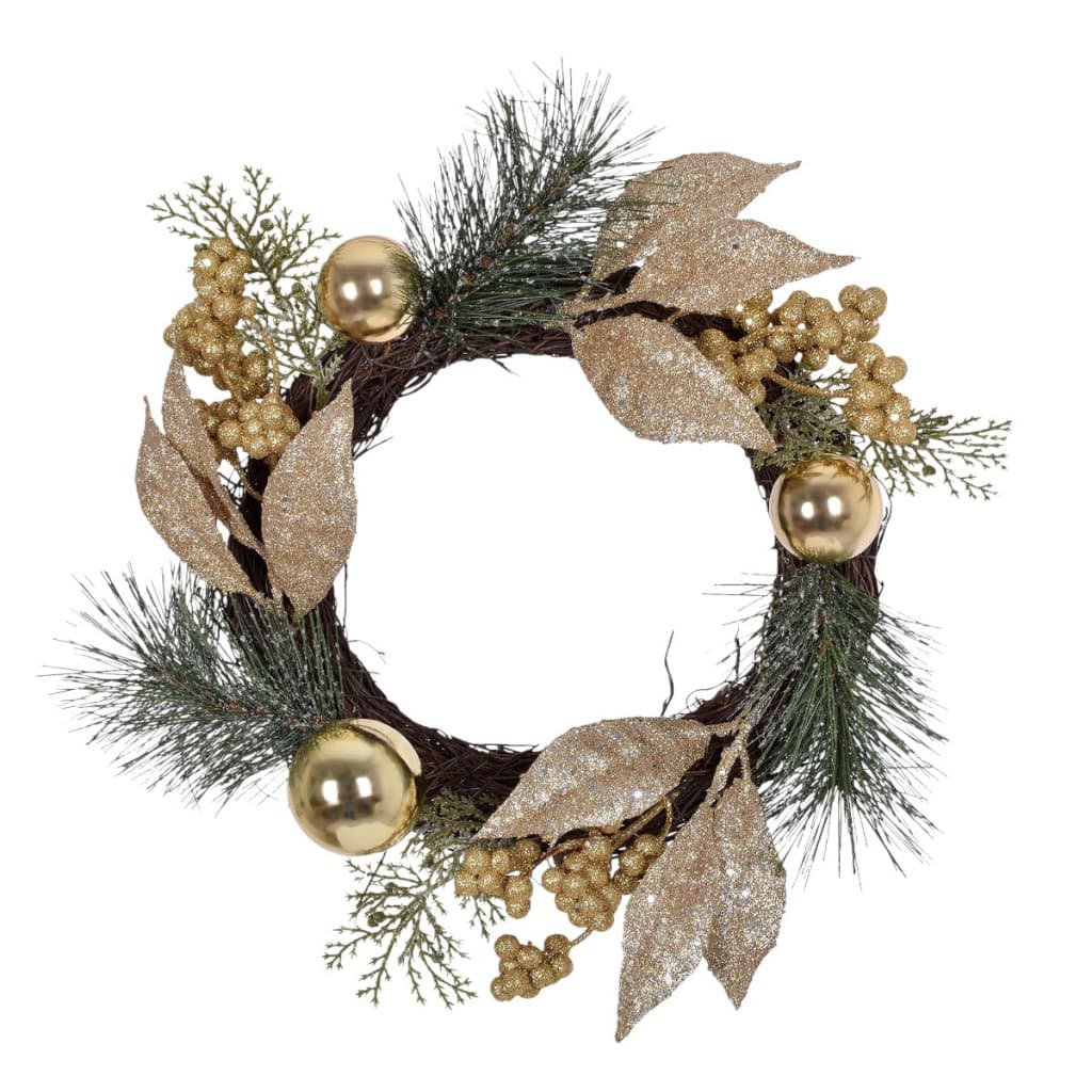 Guirlanda Decoração de Natal Folhas Pinha e Berries Dourado 23CM Grillo