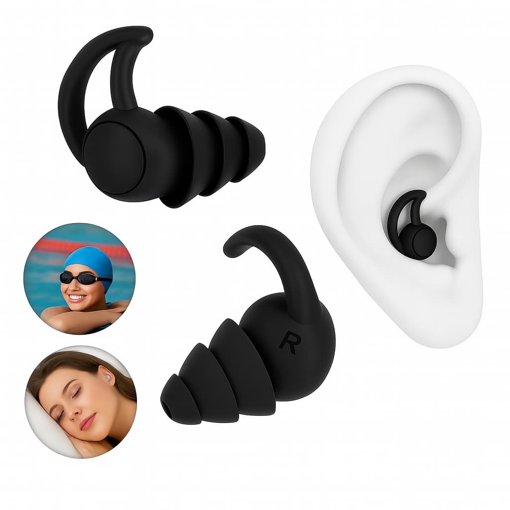 Tampão de Ouvido 3 Camadas | Protetor Auricular p/ Dormir e Natação | Preto e Branco