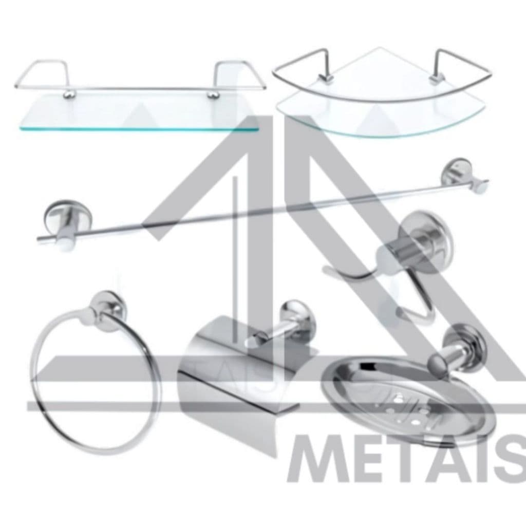 Kit Acessórios Para Banheiro Aço Inox 5 Peças + 2 Porta Shampoo Vidro Reto e Canto