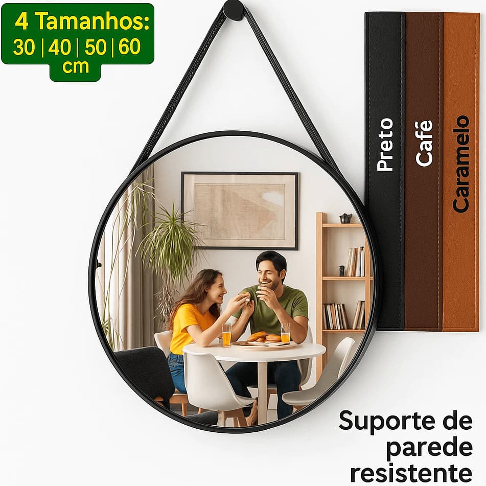 Espelho Adnet Redondo Com Alça e Pino De Couro Costurado Suspenso Grande Acabamento Premium