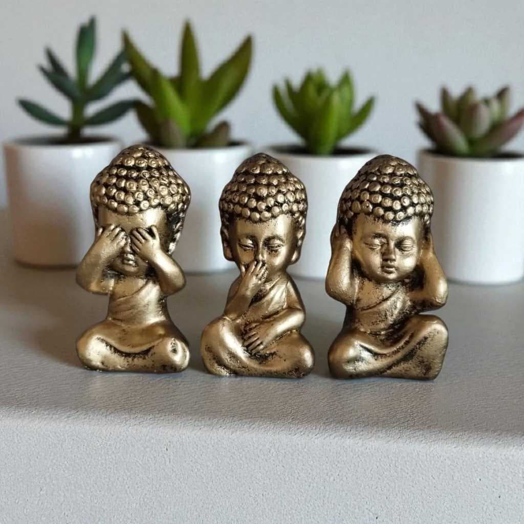 Trio de Budinhas da Sabedoria, Com Duas Opções de Bandeja, Decoração para Cantinho Zen