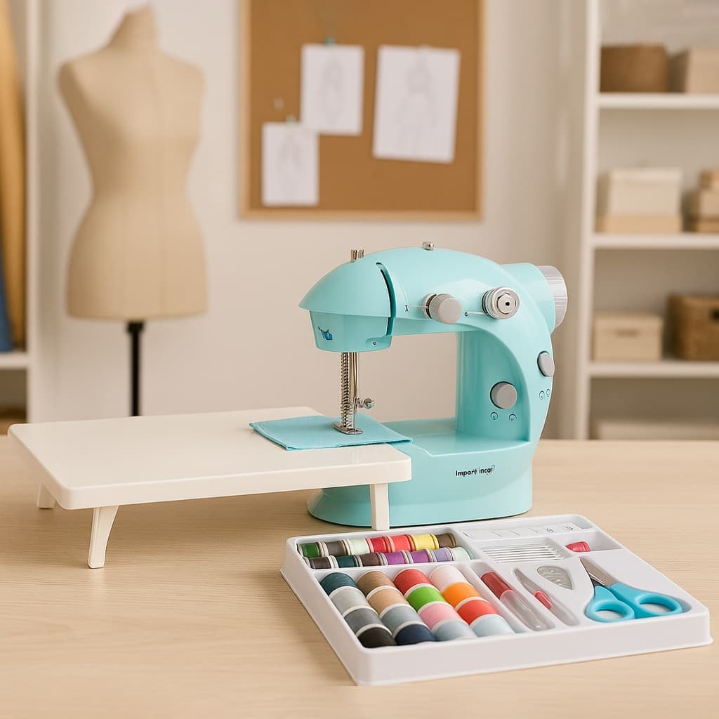 Mini Maquina de Custura Portatil com Mesinha e Kit de Costura com Fonte de Alimentação Bivolt Pedal