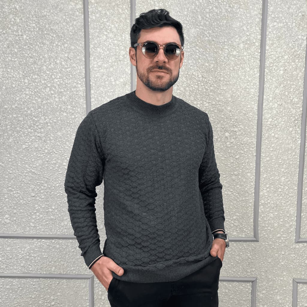 Suéter Tricô Masculino Texturizado Gola Redonda Manga Longa Inverno