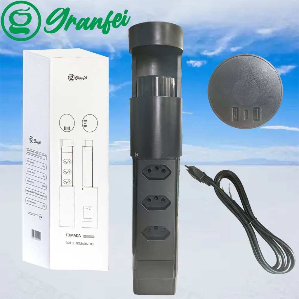 Tomada para Mesa 3 Tomadas 3 Pinos USB Tipo C Organização Inteligente