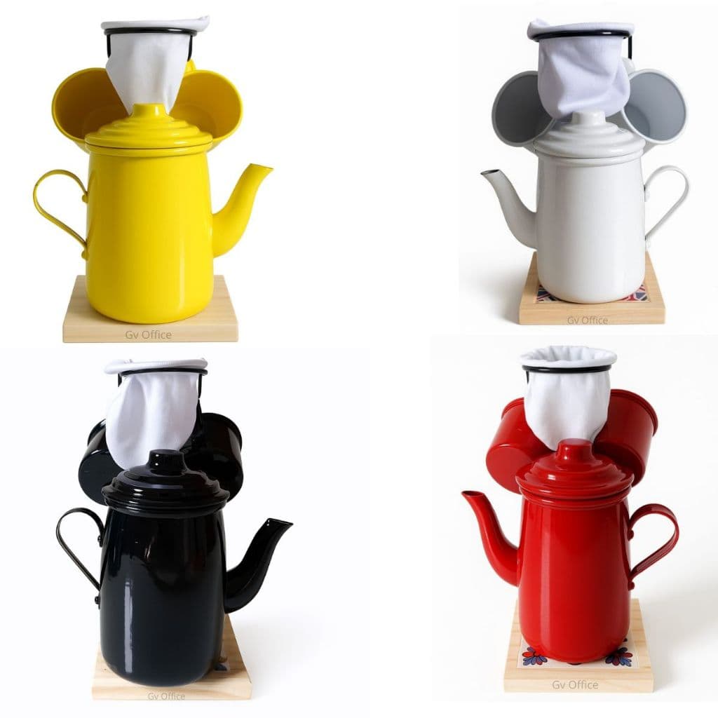 Kit Café Coado Gourmet Bule 500 ml c/ 2 Canecas 80 ml, Suporte, Mini Coador  Gv Office