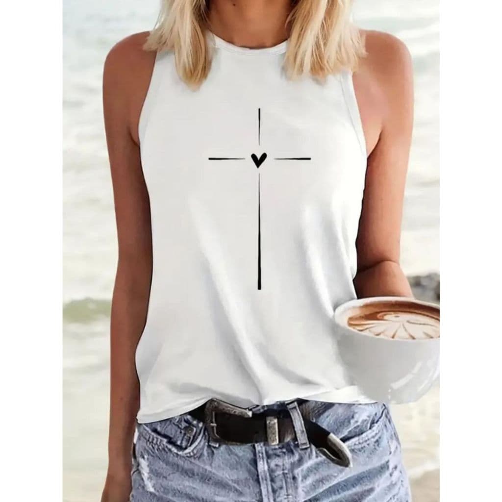 Regata feminina casual tendencia cruz modelo camiseta 100% algodão