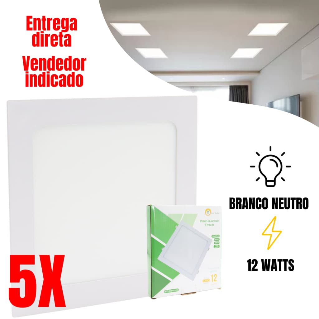 Kit 5 Painel Plafon LED 12W Embutir 17x17 cm Quadrado Branco Neutro 4000K Bivolt Gesso