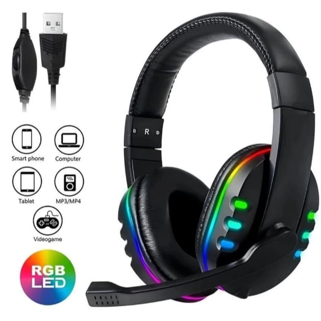Headset Gamer Com Microfone e Led RGB - Fone Estéreo com Fio USB