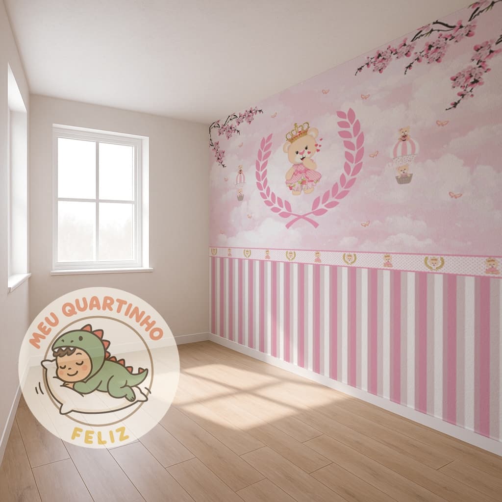 Papel de Parede Bebê Ursinha Princesa + Faixa para quarto de menina + Nome  M² parede total