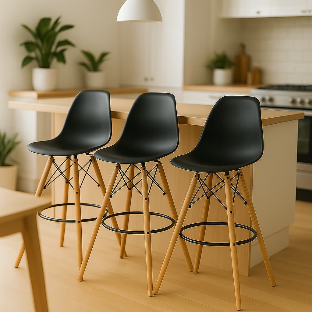 Kit 3 Banquetas Altas Para Cozinha Americana Bancada Ilha Charles Eames Eiffel Base Madeira Wood