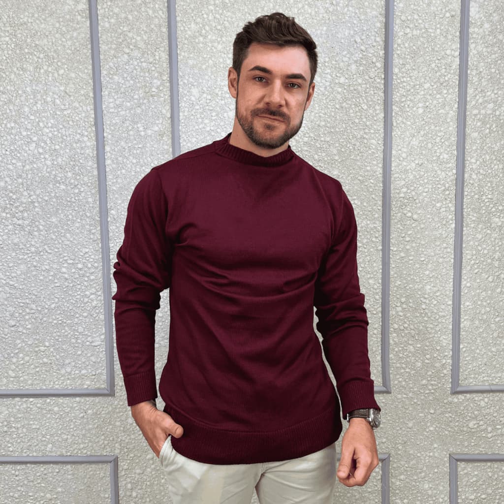 Suéter Masculino Básico Tricô Manga Longa Gola Careca Inverno Lã