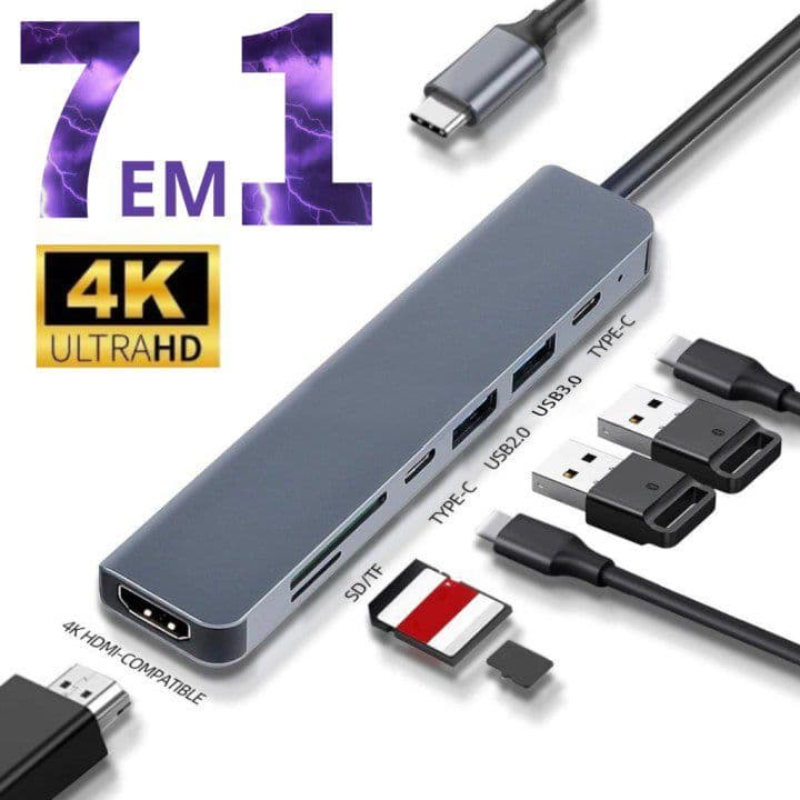 Adaptador Hub 7 em 1 USB-C HDMI 4K + SD + USB 3.0 + Tipo-C Ideal Para Notebook e Tablet