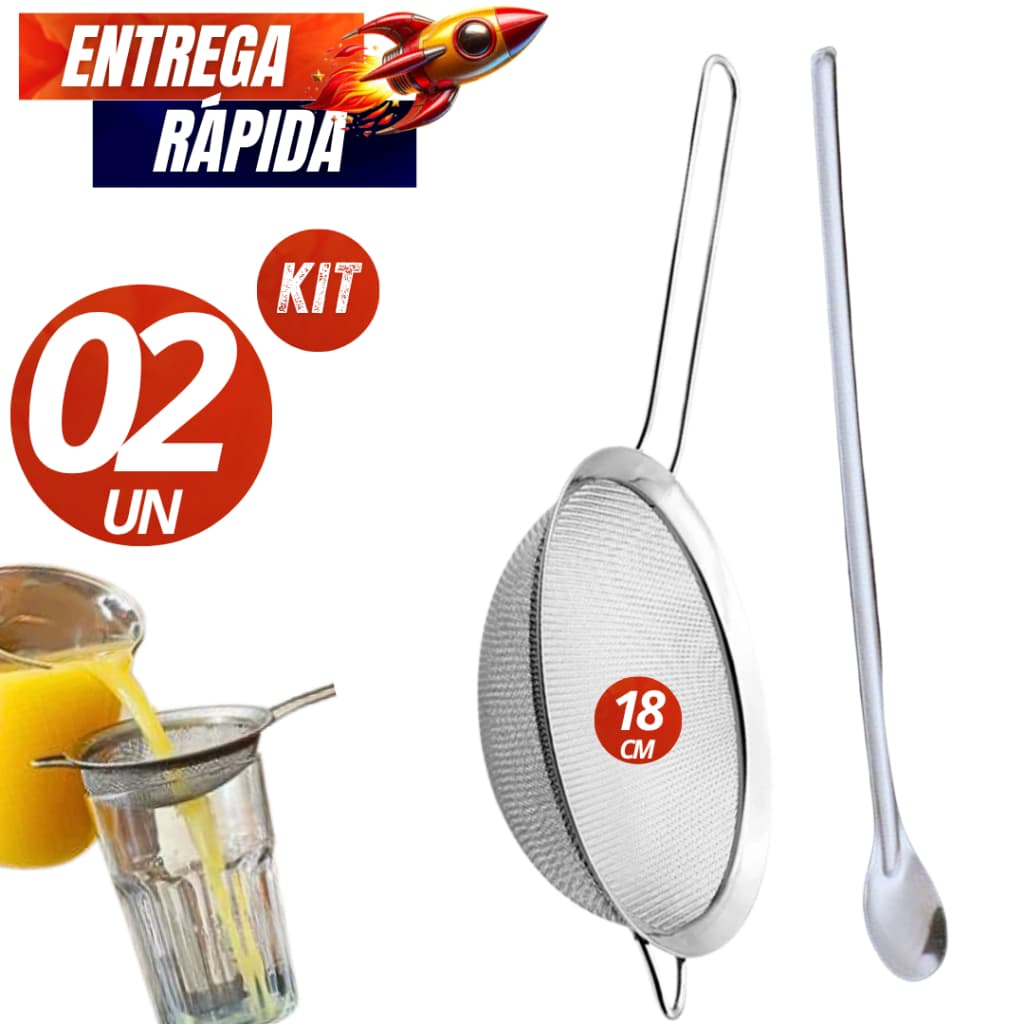 Kit 02 Unidades - 1 Peneira Coador 18cm + 1 Colher para suco Bailarina com 30cm Variáveis  Multiuso Inox Casa