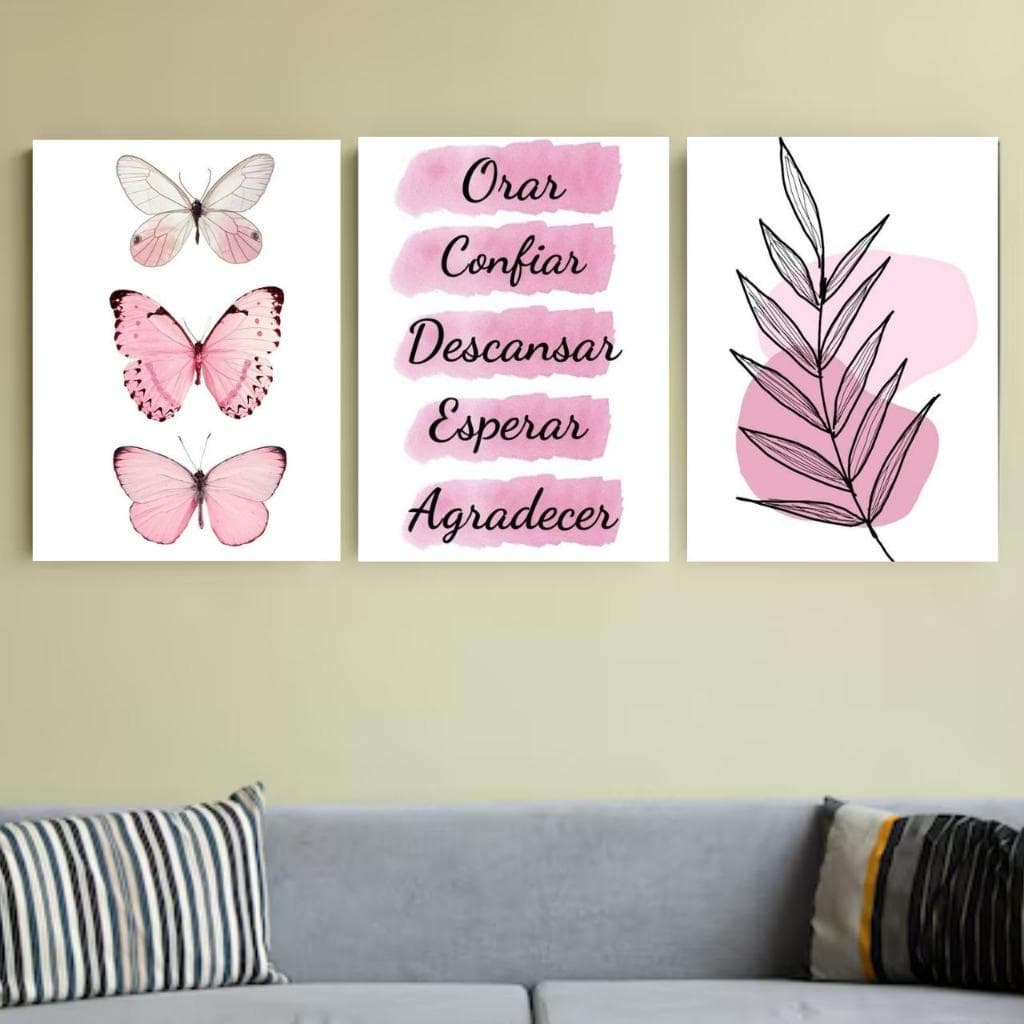 Kit 3 Quadrinhos Quadros Orar Confiar Esperar Agradecer Rosa para Decorar Sala Quarto Studio