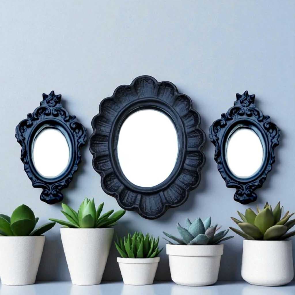 Trio de Espelhos Decorativos na cor Preto, Espelhos para Decoração Interna