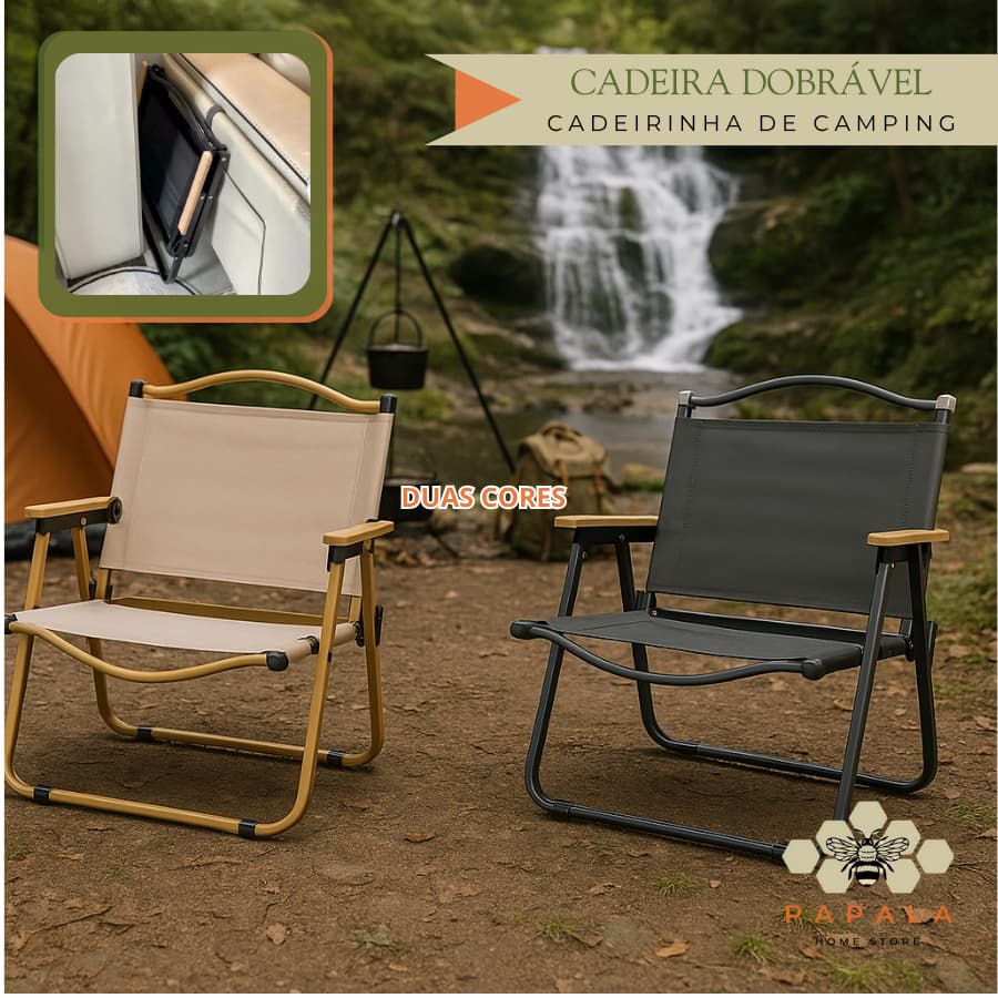 Cadeira Portátil Dobrável Multiuso Camping Praia 120 kg Poliester Aço + Braços Madeira - Bege/Preto