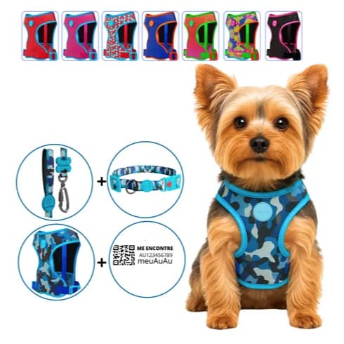 Kit Com 4 Peças Peitoral + Coleira + Guia + Qr Code Localizador Pet Cachorro Cães