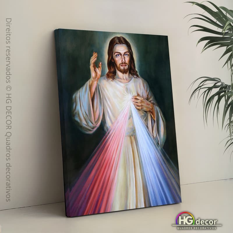 Quadro Jesus Misericordioso com Raios de Luz – Fé, Proteção, Benção, Quadro Religioso Decorativo Vários Tamanhos