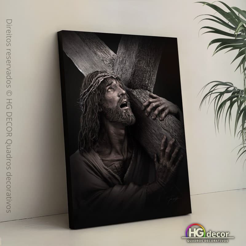 Quadro Decorativo Jesus Carregando a Cruz Fé, Dor, Amor, Esperança, Cristianismo, Arte Religiosa Vários Tamanhos, Grande