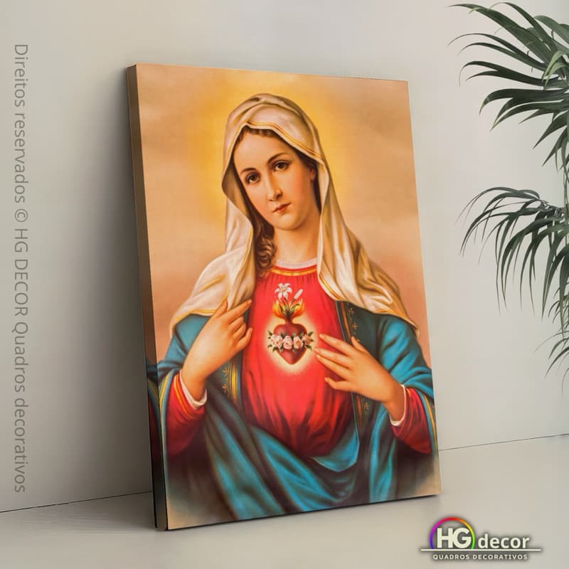 Quadro Nossa Senhora com Coração – Amor de Mãe, Devoção, Proteção, Catolicismo, Arte Sacra Vários Tamanhos, Grande
