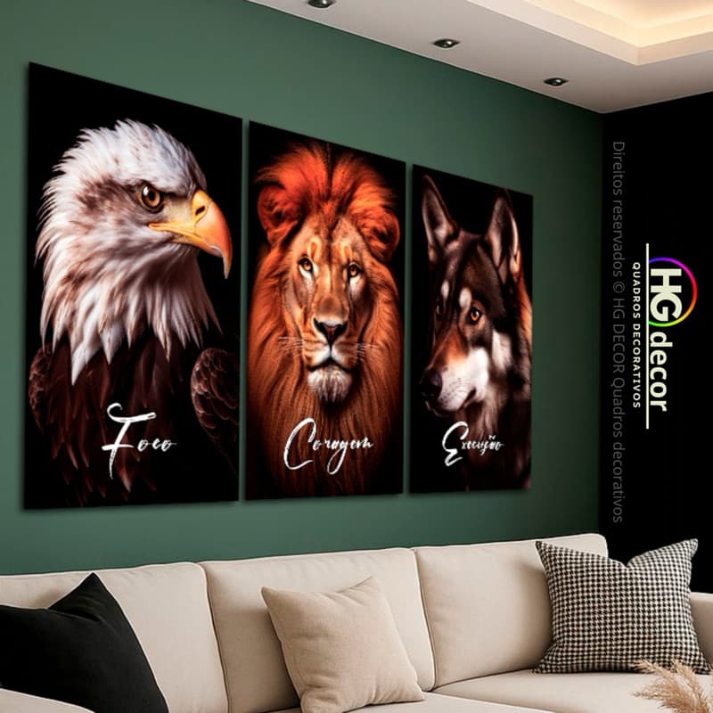 Kit Quadros Águia Leão Lobo | Foco Coragem Execução | Decorativo Animal Poderoso Colorido Tamanho Grande Motivacional