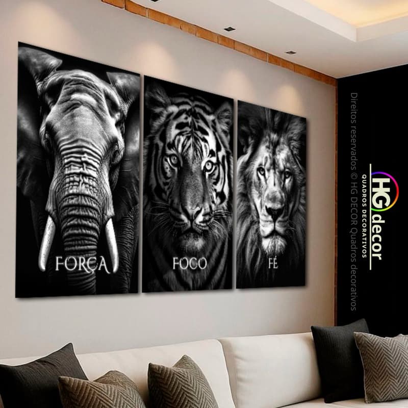 Kit Quadros Decorativos Fé Foco Força | Leão Tigre Elefante Animais Preto e Branco Kit 3 Quadros Vários Tamanhos Grandes