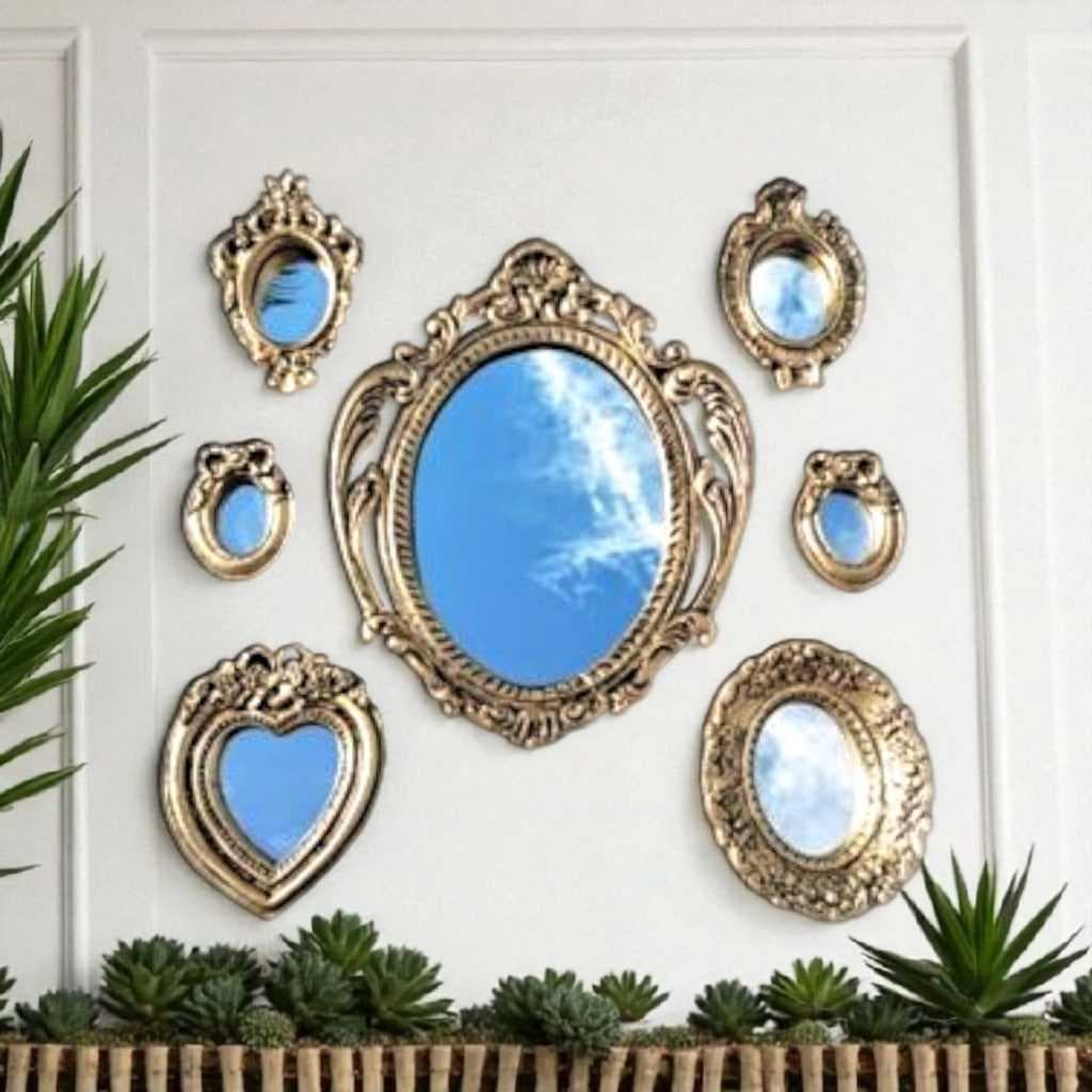 Conjunto de Espelhos Decorativos, Jogo com 7 Unidades em Ouro Velho, Decoração para Parede