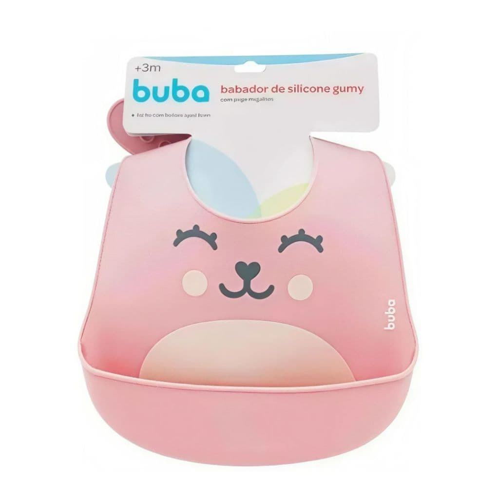 Babador Em Silicone Com Pega Migalhas Gumy Seguro Bebe Infantil Rosa Com Rostinho