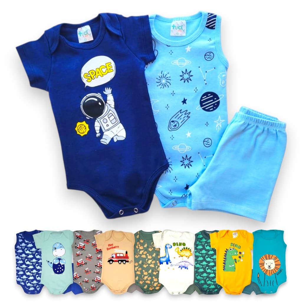 Body 3 peças Trijunto Verão Menino, Tam RN ao GG Body Manga curta, regata e bermudinha Roupa de Bebe