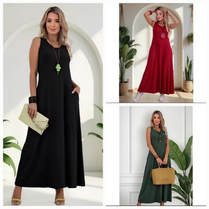 Vestido Feminino Longo Casual Soltinho com Bolsos Laterais Leve e Versátil 506
