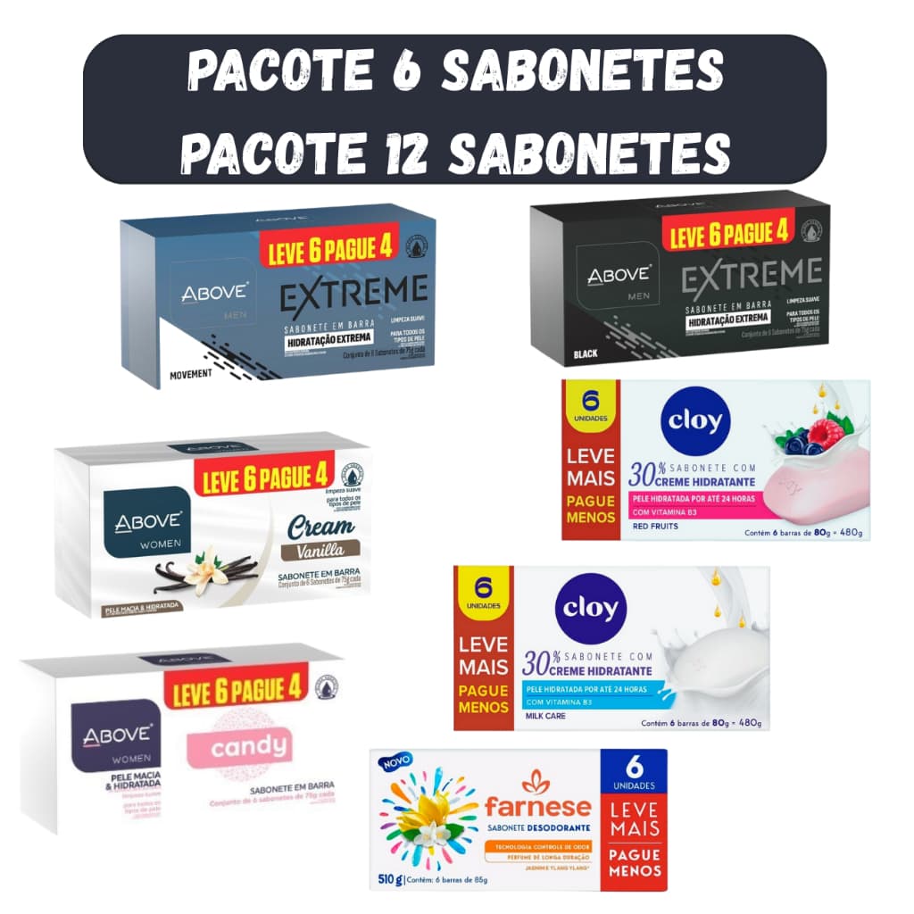 Pack Sabonete Above Cheiros Masculino e Feminino Banho 75g cada - Pacote 6 Sabonetes - Sabonete Hidratante em Barra