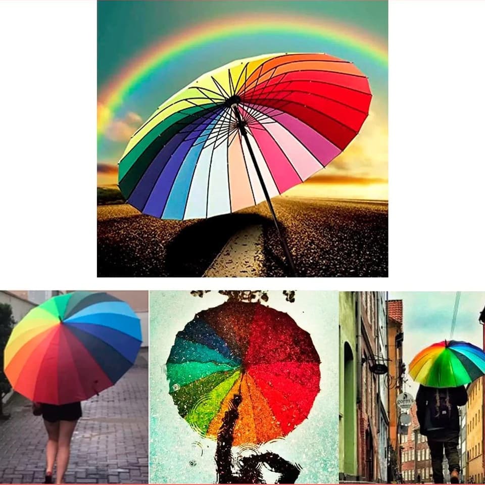 Guarda Chuva Arco Íris Colorido Grande 16 Varetas + Cabo Gancho
