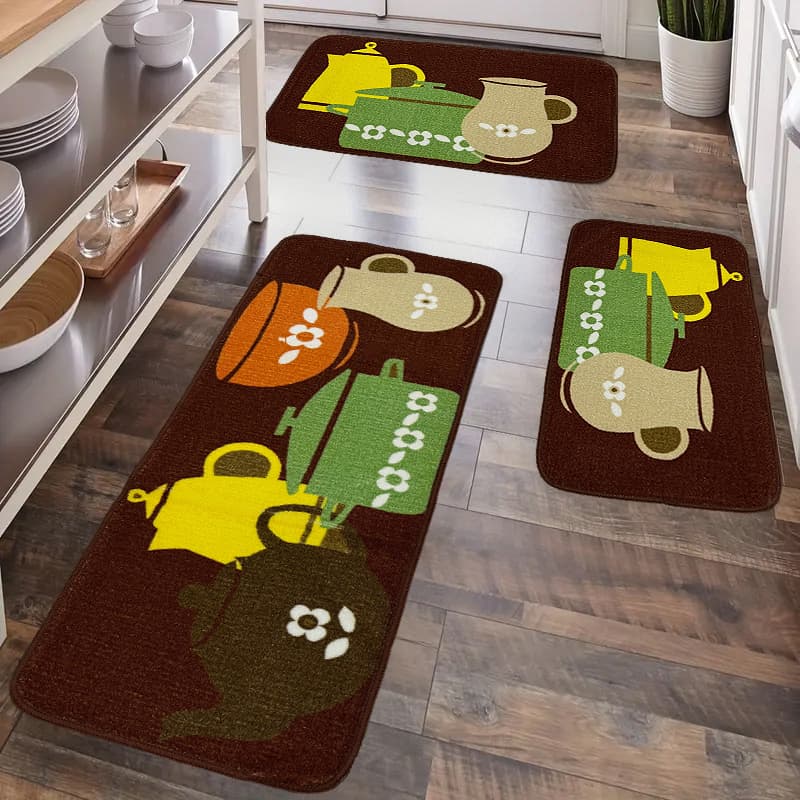 Tapete Para Cozinha Jogo com 3 Peças Antiderrapante Base Látex