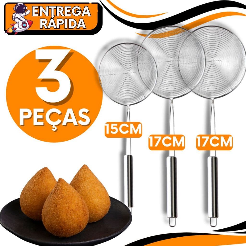 KIT JOGO 3 Escumadeira Aramada Resistente Fritura Inox 37,5CM De Comprimento Batata Pastel Resistente Multiuso Universal