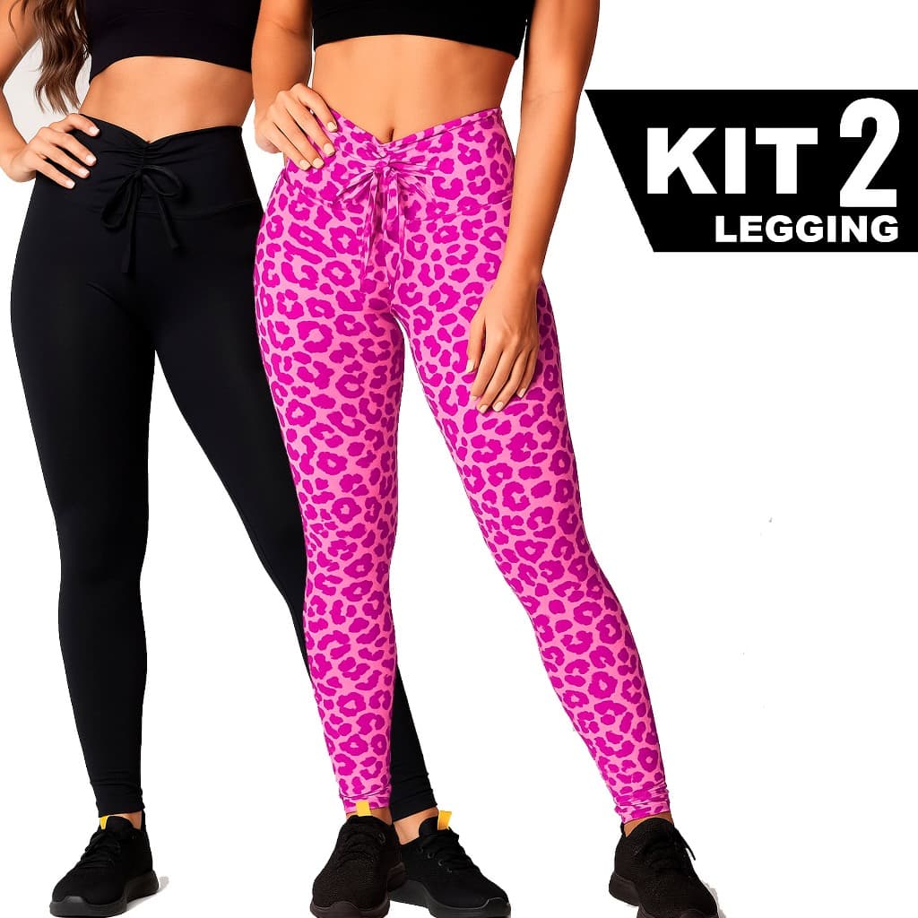 Kit 2 Calça Legging Fitness Feminina com Cordinha Estampas Variadas Cintura Alta Suplex para Academia e Treino